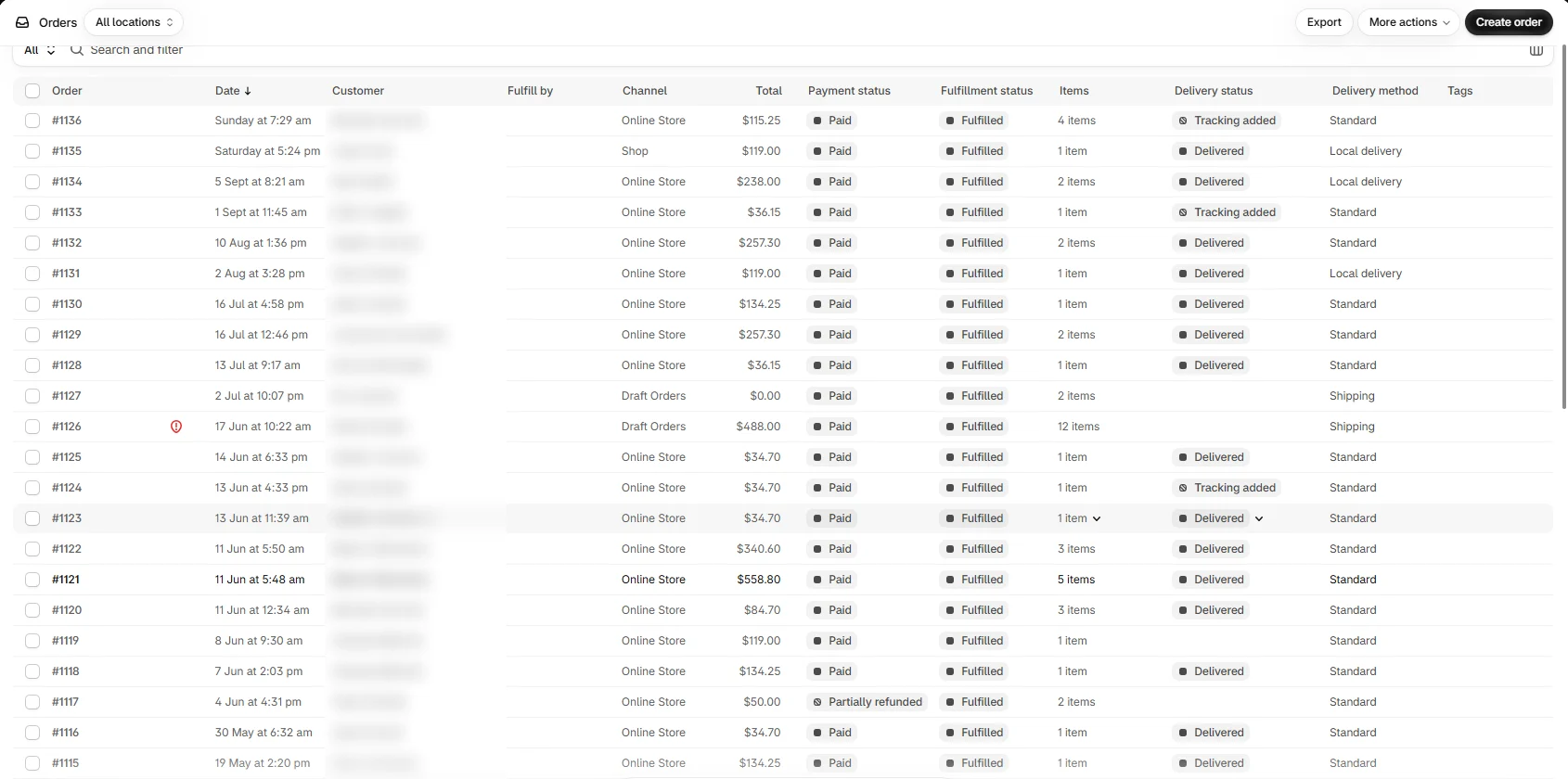 Screenshot: Shopify admin · BOTL · Orders. 22 orders from May 19 to September 27, 2026, 19 placed on the online store we built.