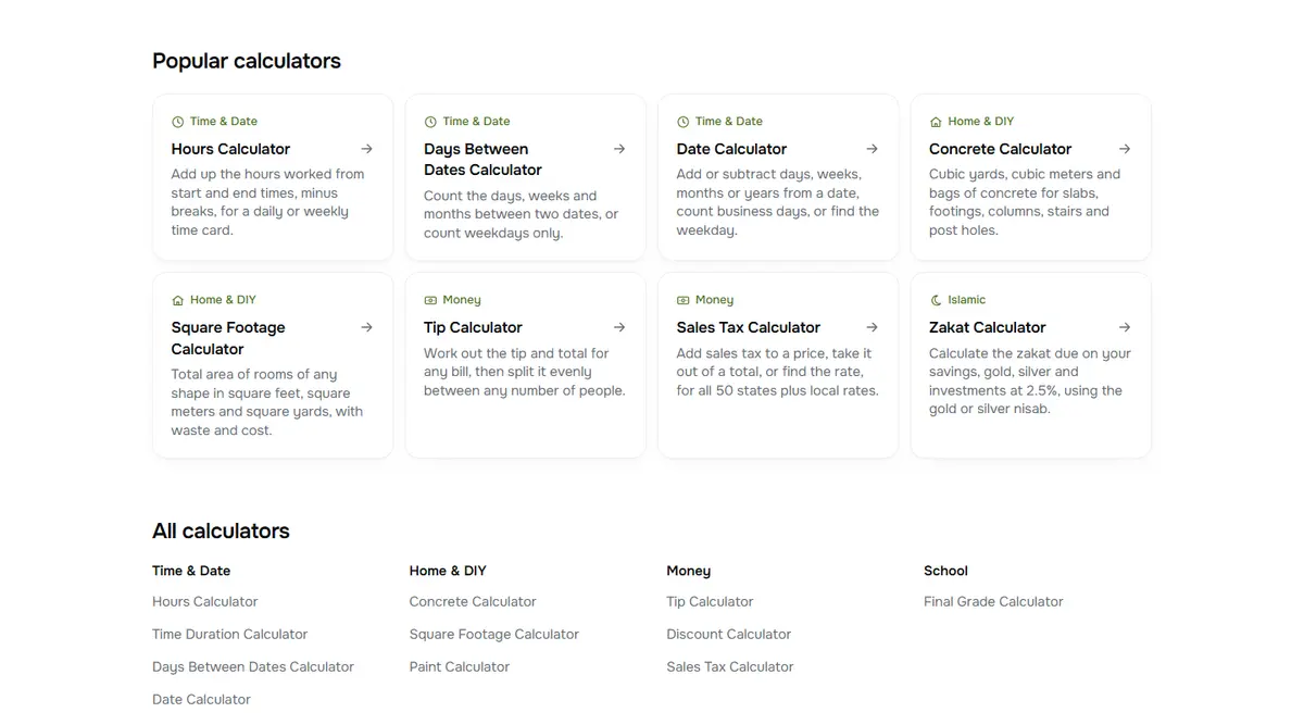 A section of the Infinite Calculators website