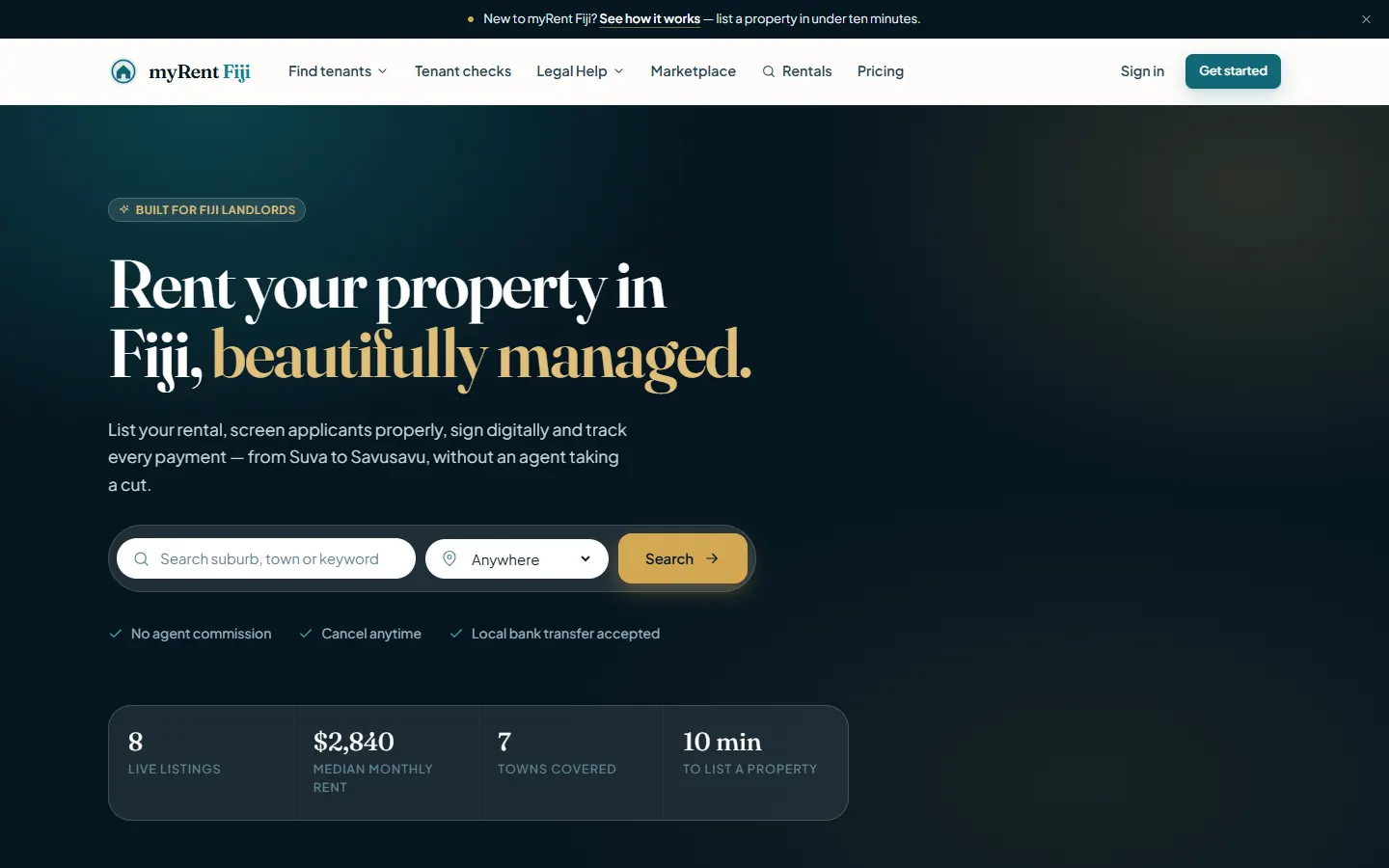 myRent Fiji homepage