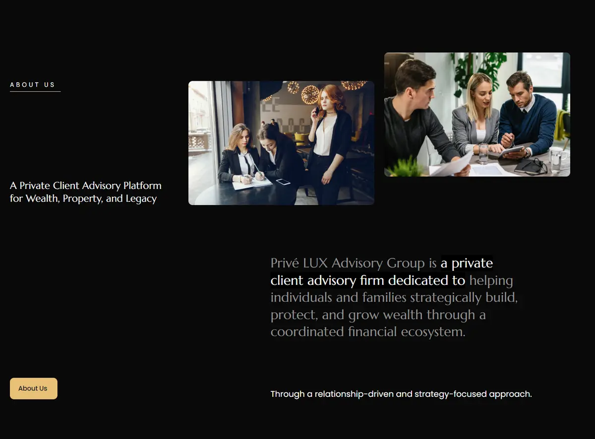 A section of the Privé LUX Advisory website
